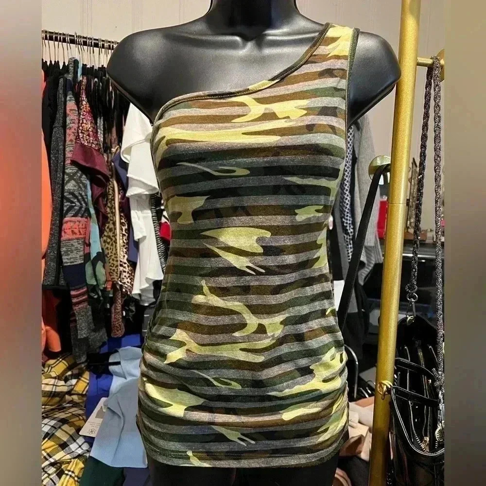 Perfect Condition Vintage Y2K One Shoulder Striped Camo Camouflage Top